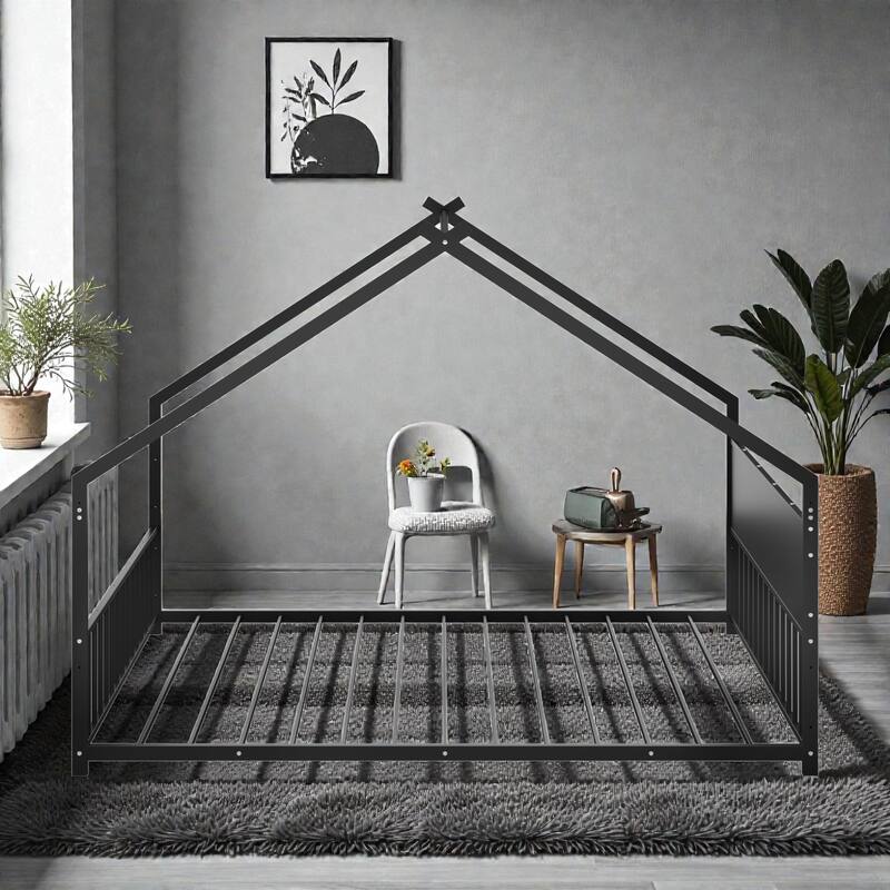 House Bed Frame with Roof & Colorful LED Lights, Metal Kids Floor Bed with Slats, Boys Girls Teens Canopy Bed, No Box Spring