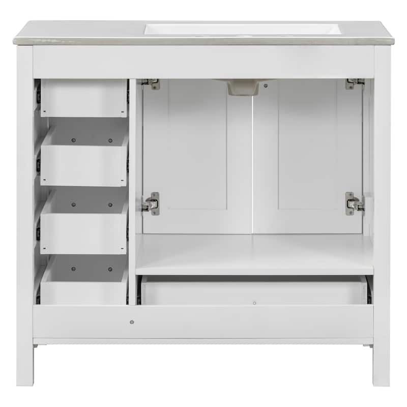 Bathroom Vanity with Ceramic Sink, Abundant Storage Cabinet with 2 Soft Close Doors and 5 Drawers and Delicate Silver Handles