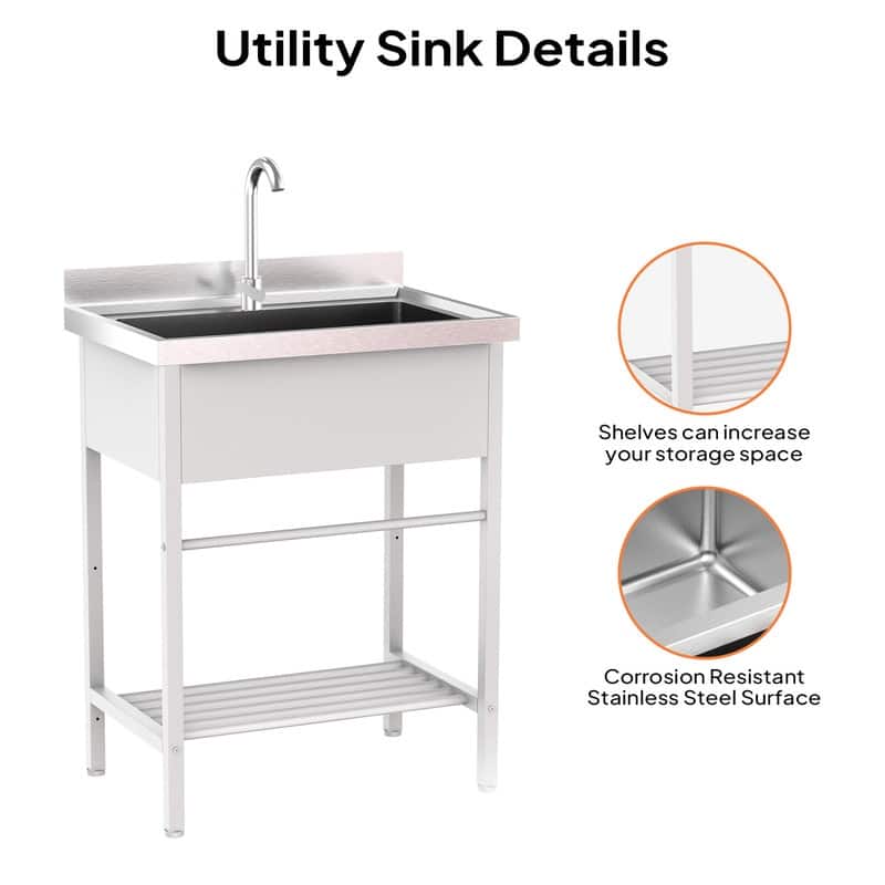 28.3 In. Freestanding Single Basin Stainless Steel Utility Sink With Shelves