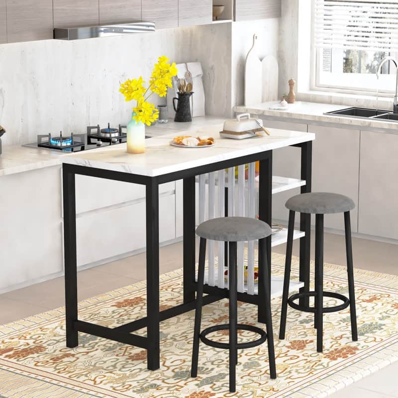 Bar Table Set with Storage Shelves, Faux Marble Breakfast Table with 2 Velvet Stools for Kitchen/Dinning Room/Living Room/Studio