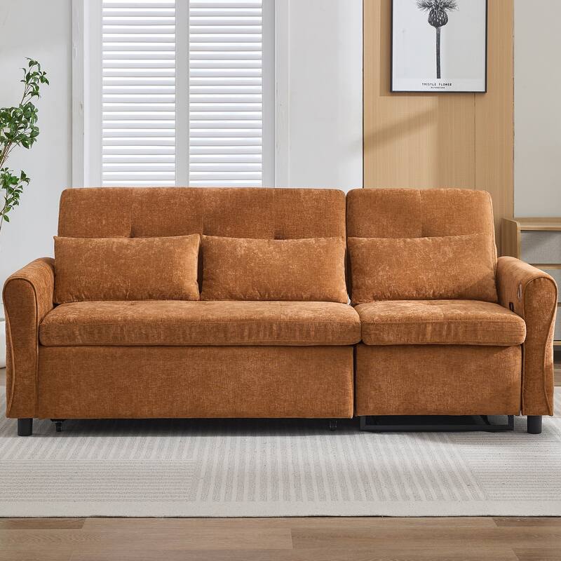 82″ Chenille 2-in-1 Sofa Bed with Adjustable Backrest, Reversible Chaise & USB Ports
