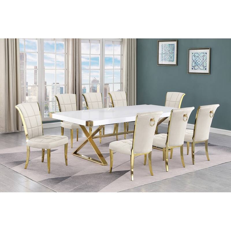 Best Quality Furniture D442/3-SC320-7 Dining Set with 94" White Lacquer Wood Top - 9-Piece - Cream / Gold