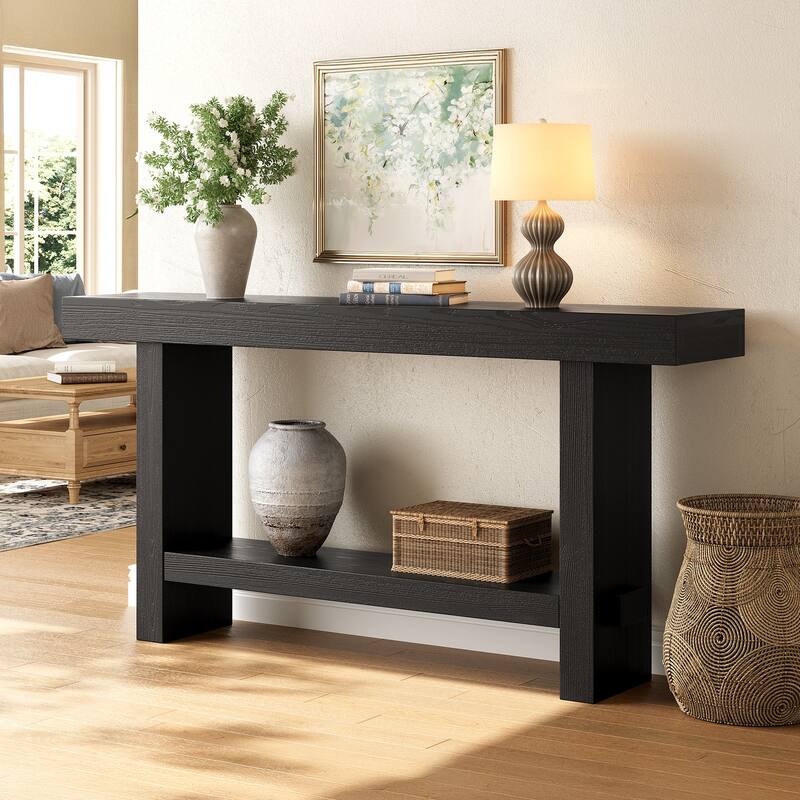 63'' Solid Wood Console Table with Shelf, 2-Tier Narrow Entryway Table - Black