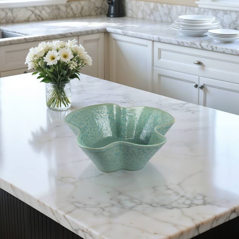 Ceramic Decorative Bowl with Wavy Edge and Textured Design - 13" Green - 13" x 13" x 4" - Green - 13" x 13" x 4"