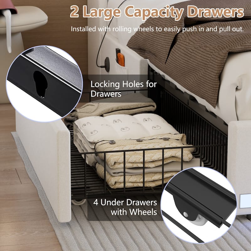 VECELO Modern LED Upholstered Platform Bed Frame with 2 Storage Drawers, USB & Type-C Ports, Full/Queen Size Bed