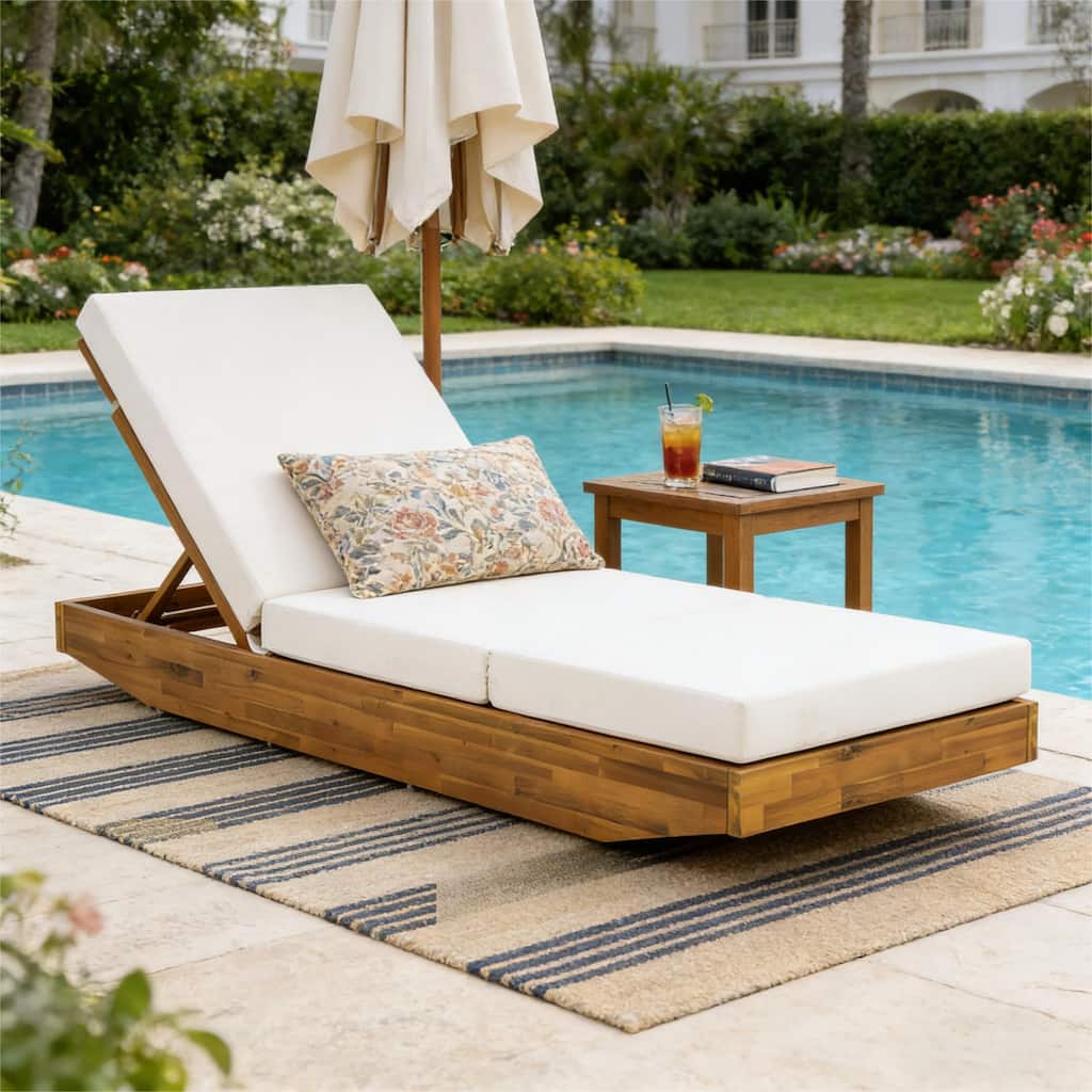 Christopher Knight Home - Outdoor Acacia Wood Chaise Lounge with Ergonomic 3-Fold Water-Repellent Cushion - 79.6"L