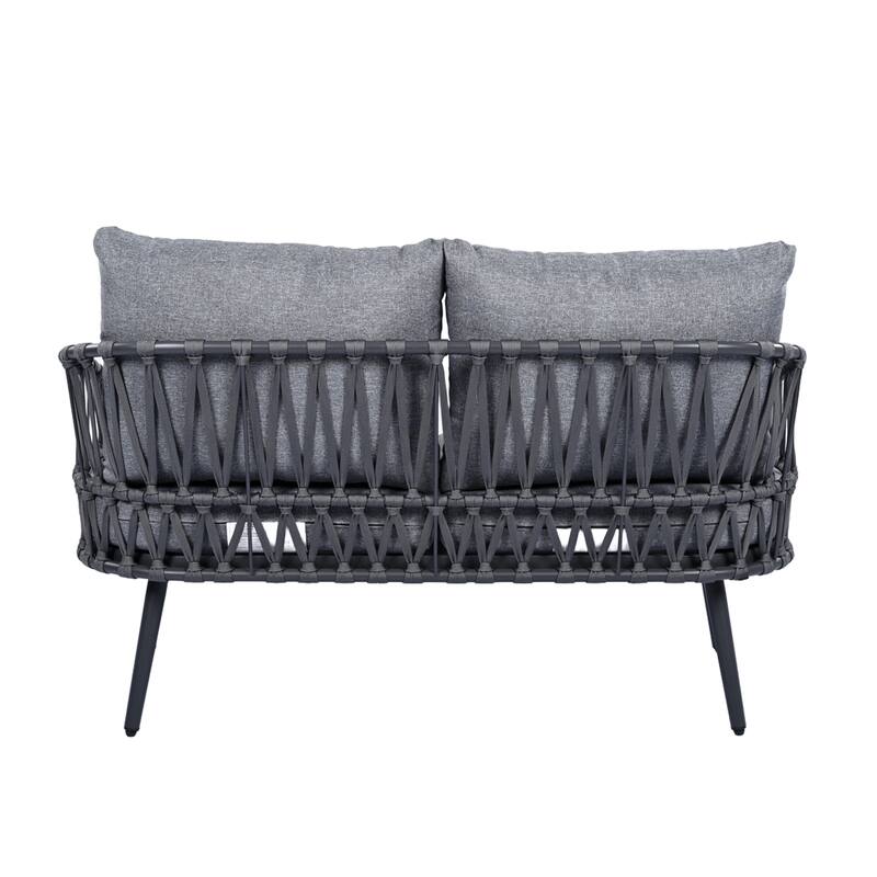Modern 4-Piece Patio Conversation Set with Woven Rope Backrest, Acacia Coffee Table and Cushions, Outdoor Furniture