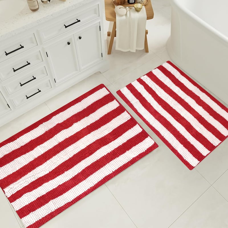 Large 2 Piece Set Red White Stripe Soft Cozy Plush Chenille Bath Mat Bathroom Rug - Red - 30"x20"+24"x16"R