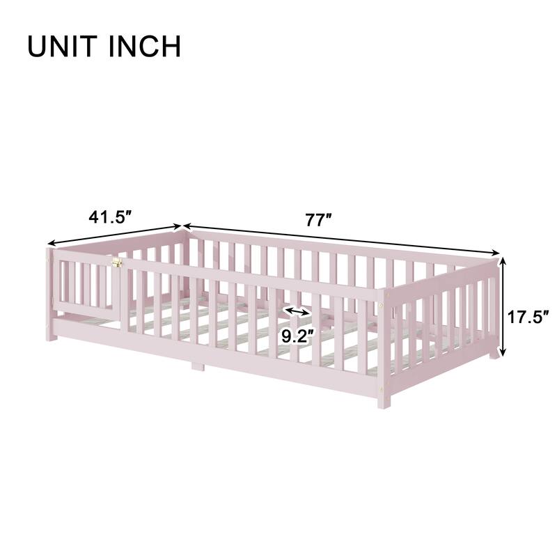 Twin Size Floor Bed with Fence and Door,Rubber Wood Floor Bed with Safety Guardrails