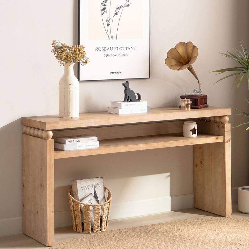Modern Rustic Console Table - 59" Wood Entryway Table with Shelf & Decorative Bead Detail