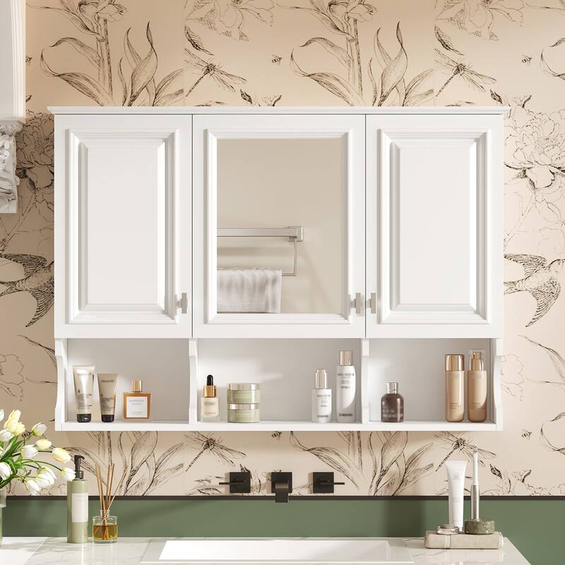 Roomfitters 41 Inch Mirror Medicine Cabinet with Open Shelves, Wall Mount Storage with Adjustable Shelf & Doors