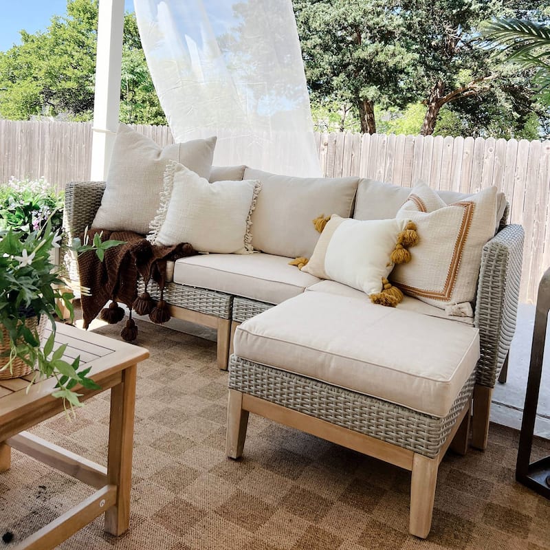 MAISON ARTS 5-Piece Outdoor Rattan & Acacia Wood Sectional Sofa Set, Patio Wicker Conversation Set with Coffee Table