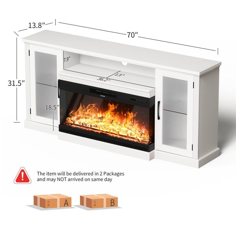 70" Glass DoorTV Stand for TVs up to 73" with 36" Electric Fireplace Included