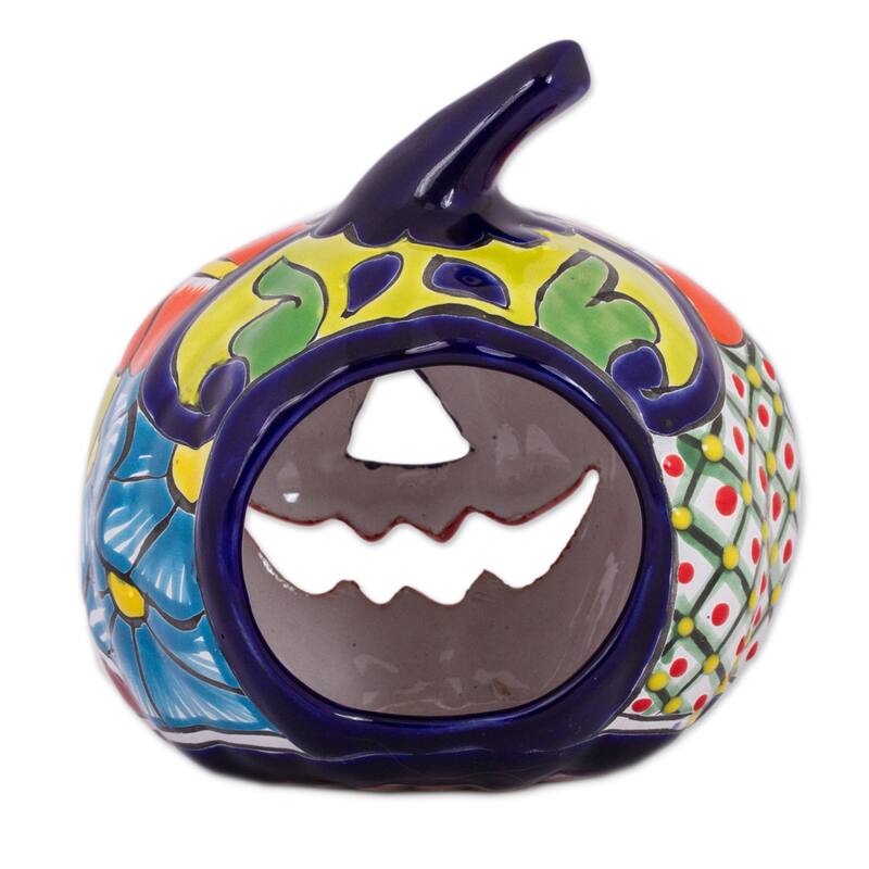 Novica Handmade Floral Halloween Ceramic Candle Holder