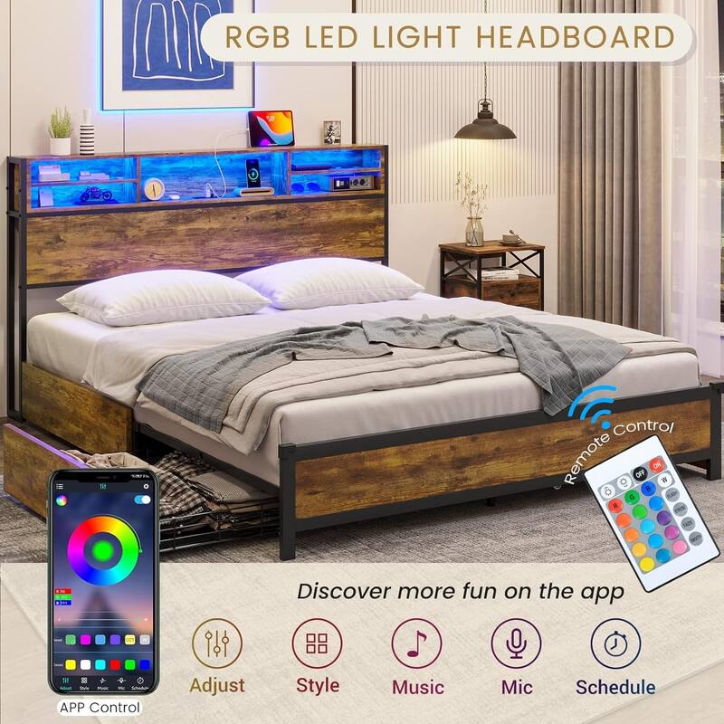 LED Queen Bed Frame with Storage Headboard