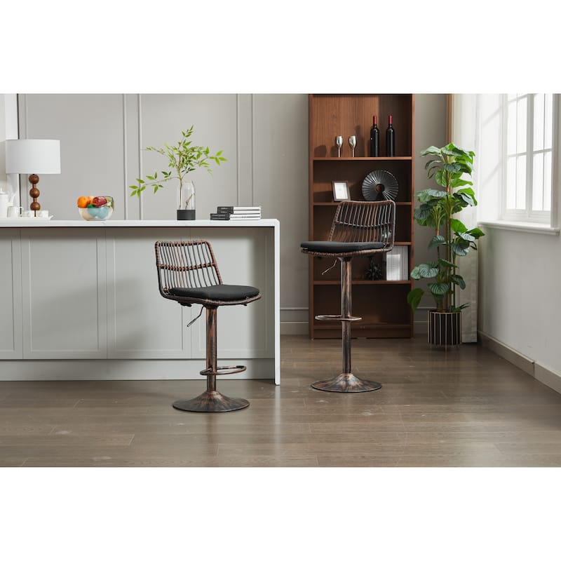 Set of 2 Vintage Rattan Bar Stool, 360° Swivel Seat Chair with Metal Base, Adjustable Height Counter Height Chair with Footrest