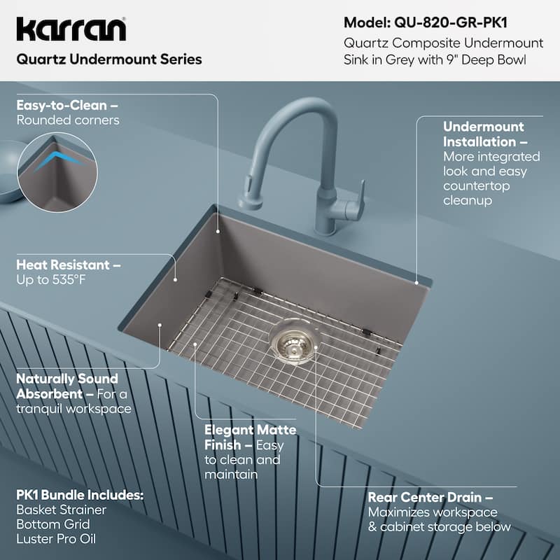 Karran Undermount 24.38 in Single Bowl Quartz Kitchen Sink Kit