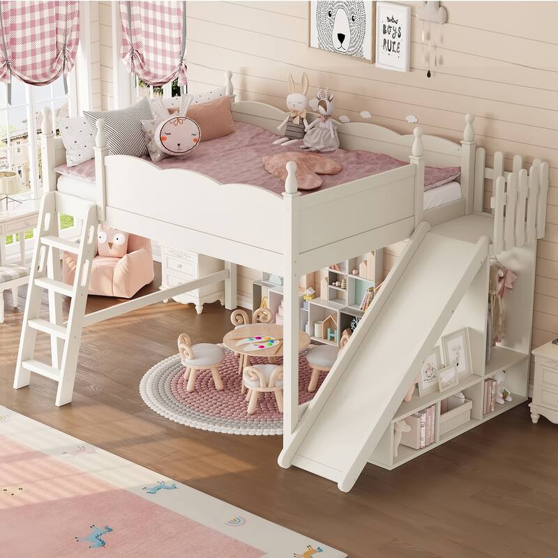 Queen Loft Bed with Storage Shelves and Wardrobe, Solid Wood Loft Beds with Detachable Slide and Ladders, No Spring Box Needed