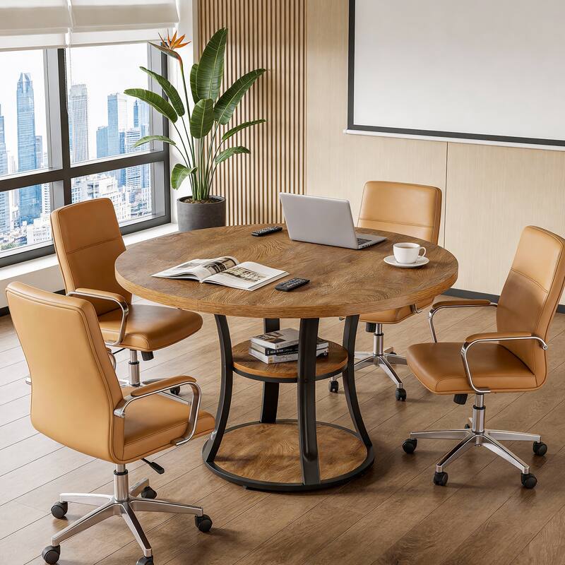 39" Round Conference Table with 2-Tier Storage Shelf for Meeting Room - 39.37" D x 39.37" W x 29.53" H