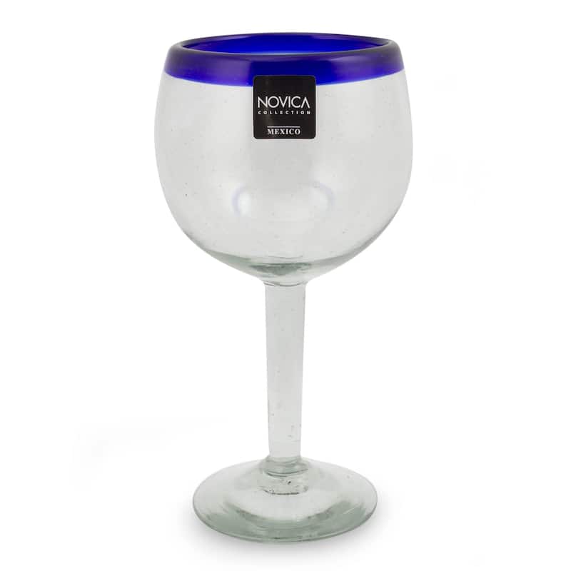 NOVICA Artisan Handblown Recycled Wine Glasses Blue Clear Mexican Cocktail Drinkware 'Sapphire Globe'(Set of 4) - Set of 4 - 7.5 " H x 3.5" Diam. - Clear