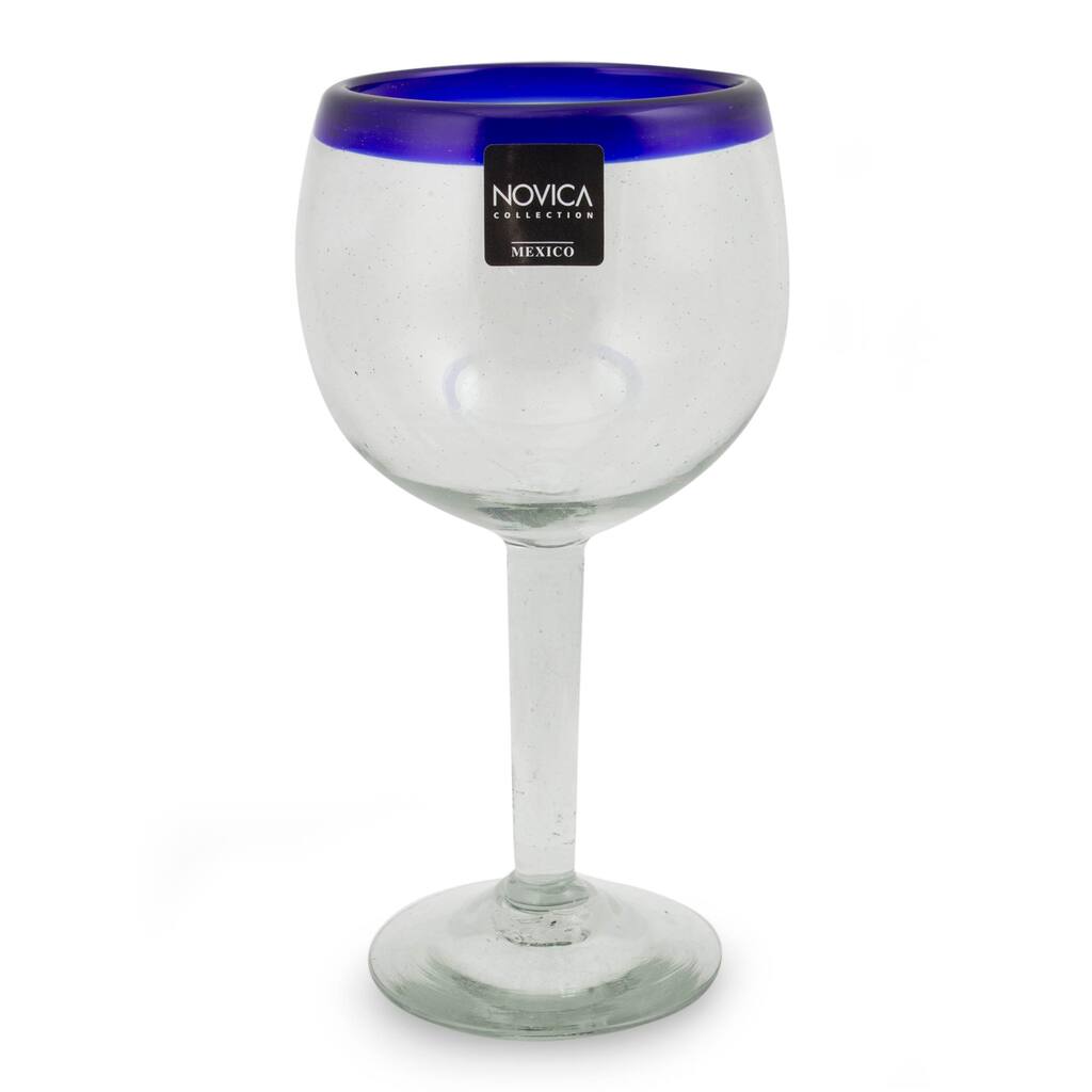 NOVICA Artisan Handblown Recycled Wine Glasses Blue Clear Mexican Cocktail Drinkware 'Sapphire Globe'(Set of 4)