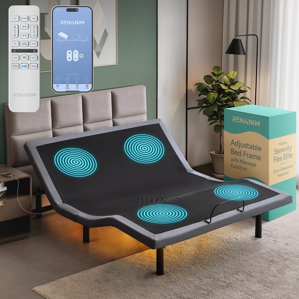 Renanim Adjustable Bed Base with Dual Massage - USB, Under Bed Light, Zero Gravity, App Control, Head and Foot Incline