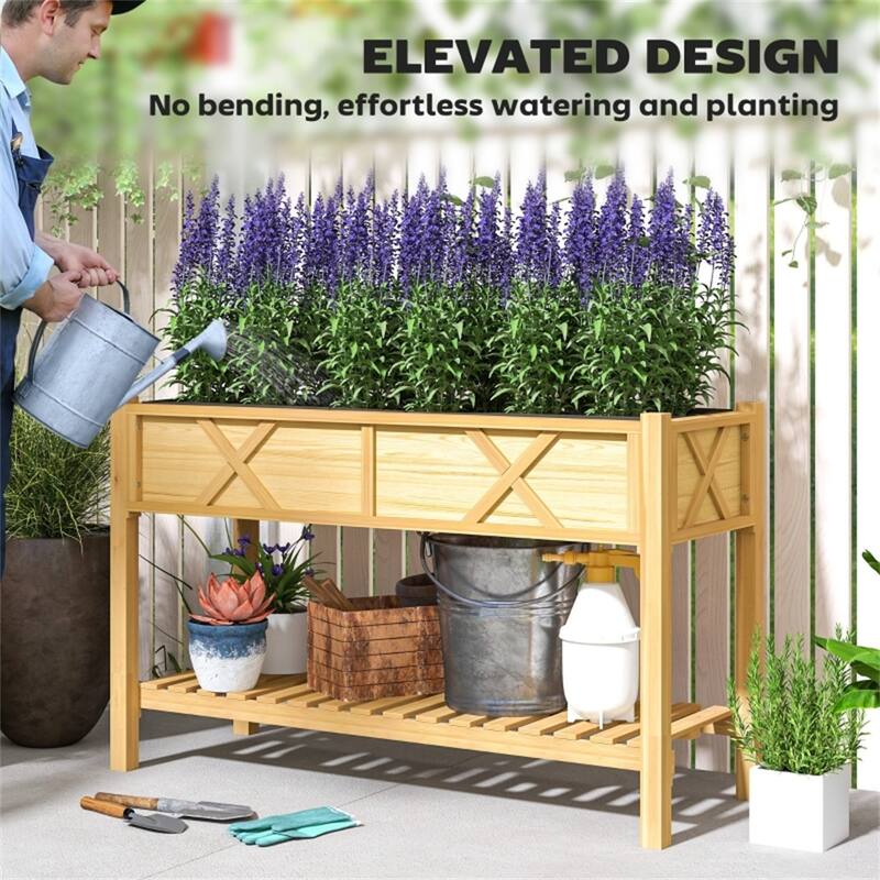 Wood 2-Tier Raised Planter with Shelf for Easy Gardening - 47.2" W x 21.7" D x 31.5" H