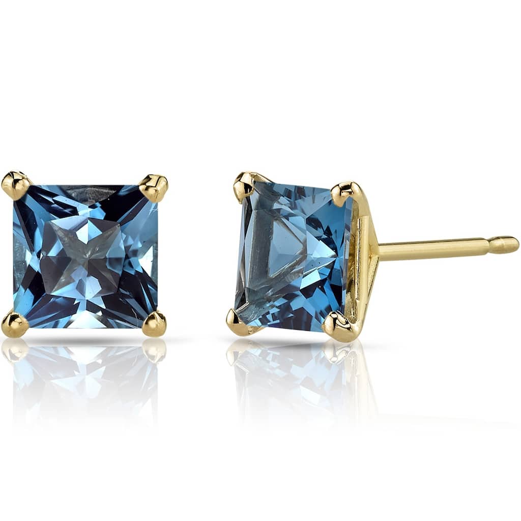 14k Yellow Gold London Blue Topaz Stud Earrings 2.54 ct Princess Shape