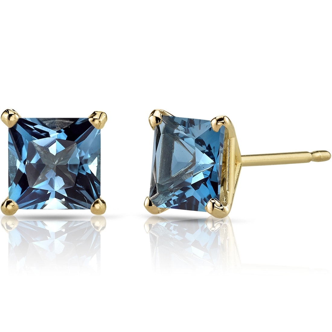 Oravo 14k Yellow Gold London Blue Topaz Stud Earrings 2.54 ct Princess Shape