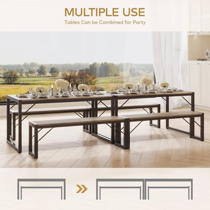 55"Dinning Room Table Set for 4-6，3 Piece Industrial Dining Table Set with 2 Bench for Kitchen