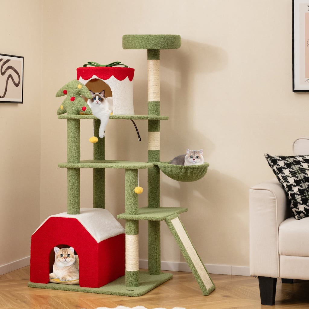61 Inches Cute Christmas Cat Tree with Sisal Scratching Posts and 2 Condos - 27"x 24"