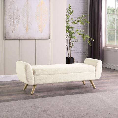 HomePop Modern Sherpa Storage Bench with Wood Legs - Cream