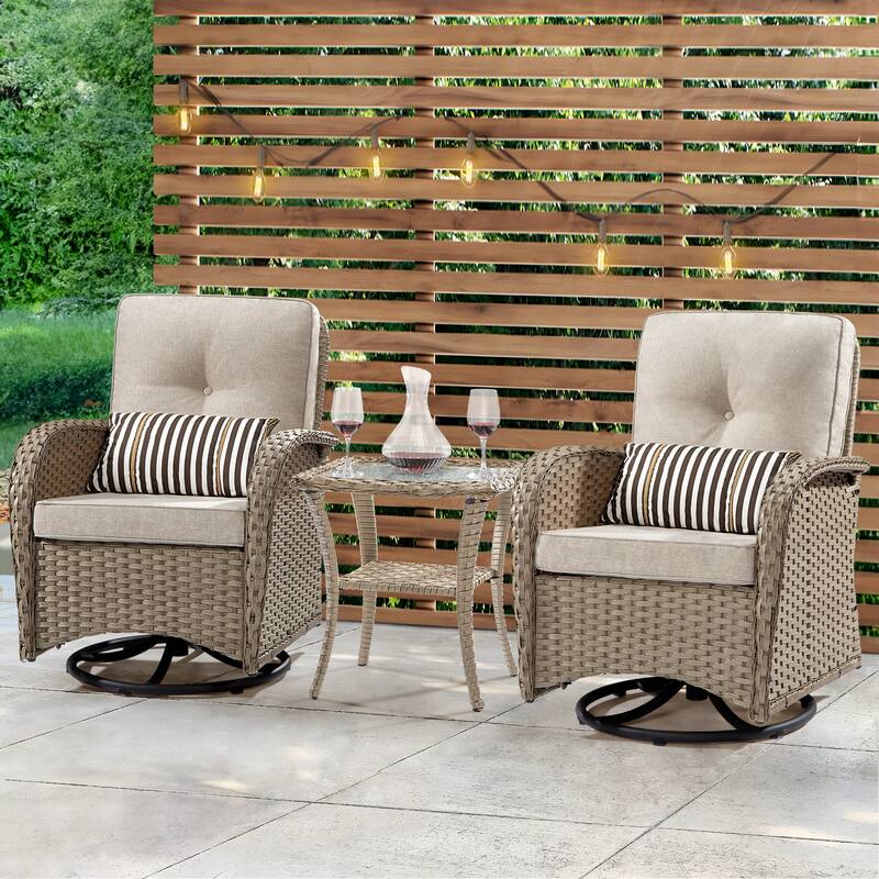 Cozywor 3-Piece Wicker Patio Swivel Outdoor Rocking Chair Conversation Set