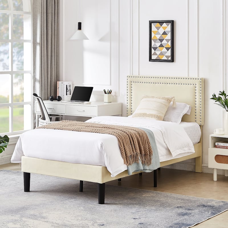 VECELO 3-Pieces Upholstered Platform Bed Frame with Adjustable Headboard and Nightstands Set of 2, Beige