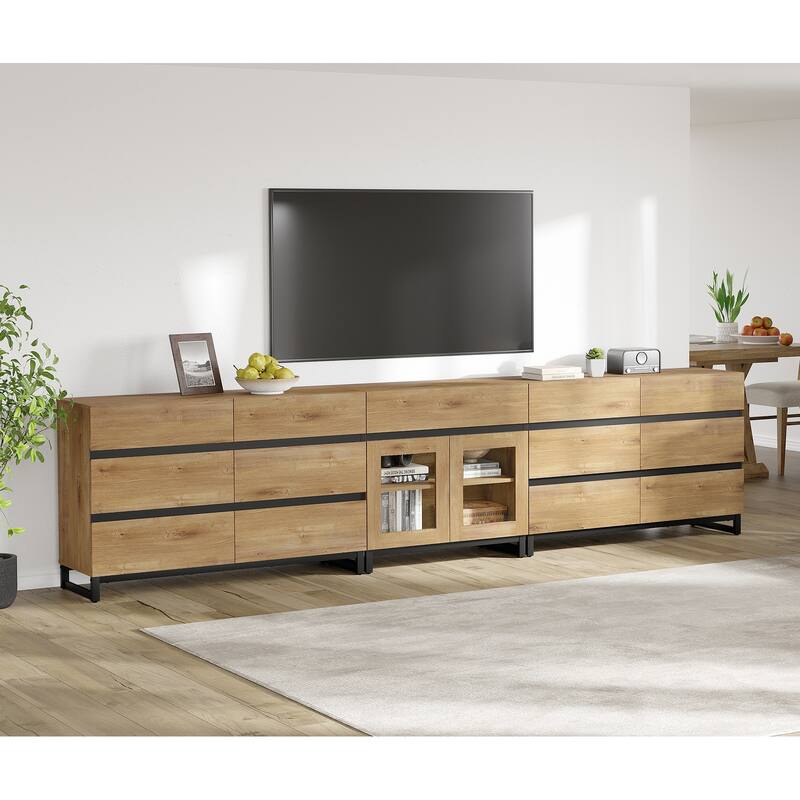 3 in 1 TV Stand for TVs up to 120 inches, TV Console with 12 Drawer, Entertainment Center for Living Room, Bedroom - 126 inches - Oak