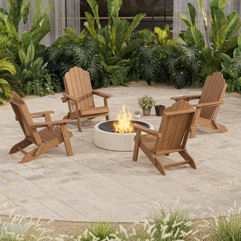 HDPE All-Weather Folding Adirondack Chair with Cup Holder - 4-Piece - Teak