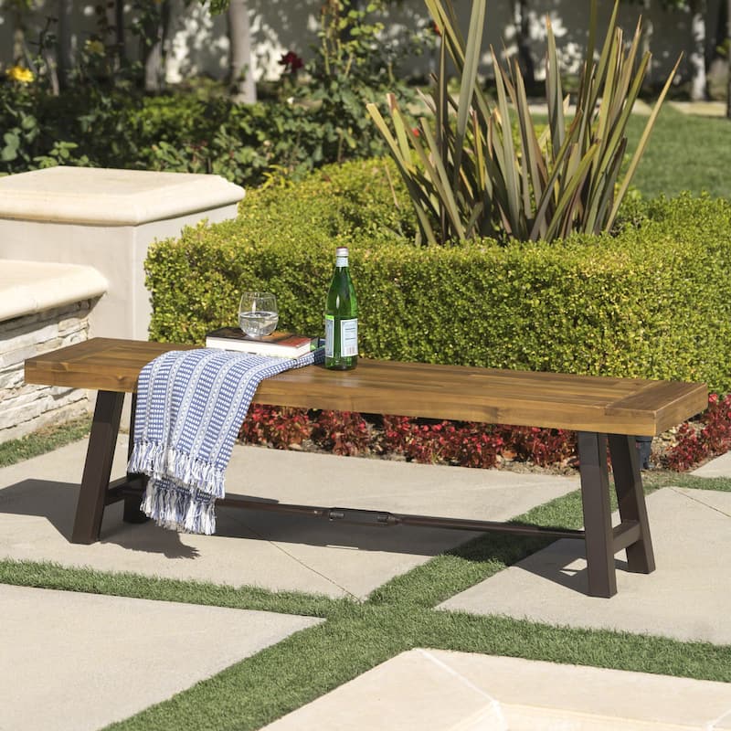 Outdoor Acacia Wood Bench with Metal Accents