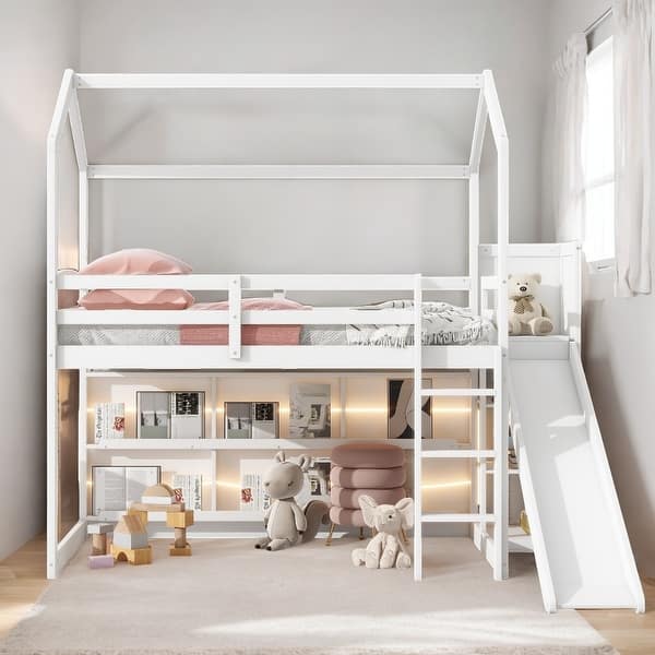 slide 2 of 12, Twin Size Wood House Loft Kids Bed with Slide, Storage Shelves, Climbing Ramp & Adjustable Light, Safety Guaranteed, White