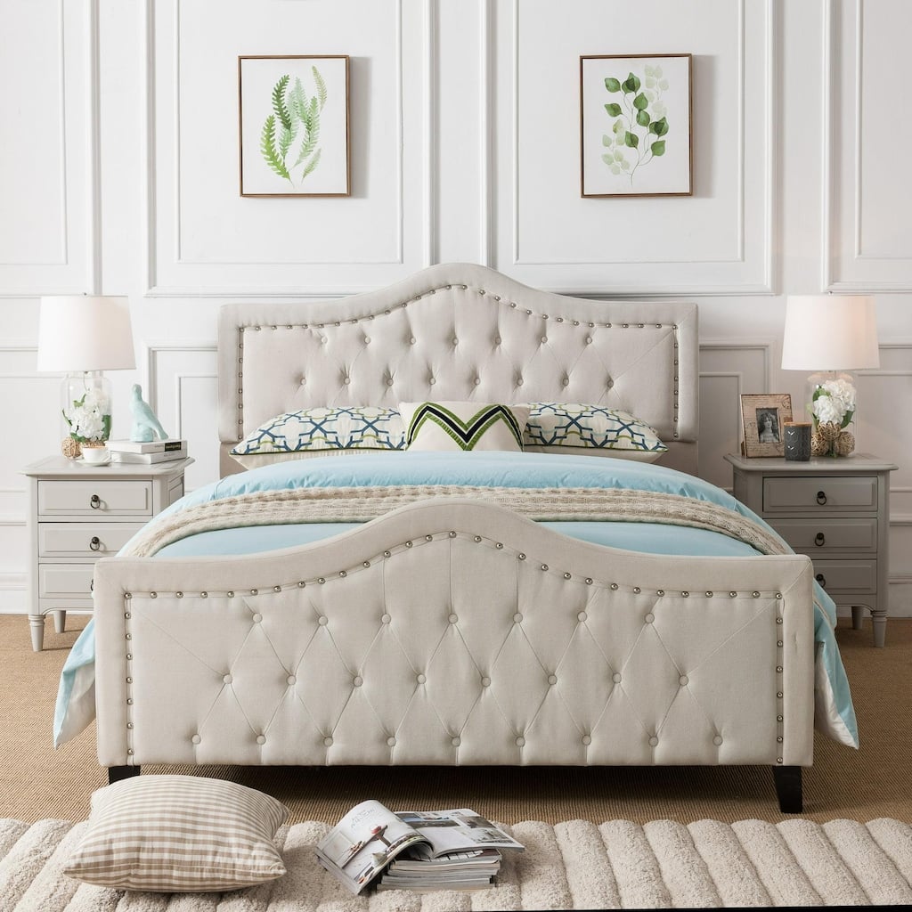 Button Tufted Wingback Platform Bed Upholstered Queen Size Bed Frame with Arched Nailhead Trim Headboard and Footboard