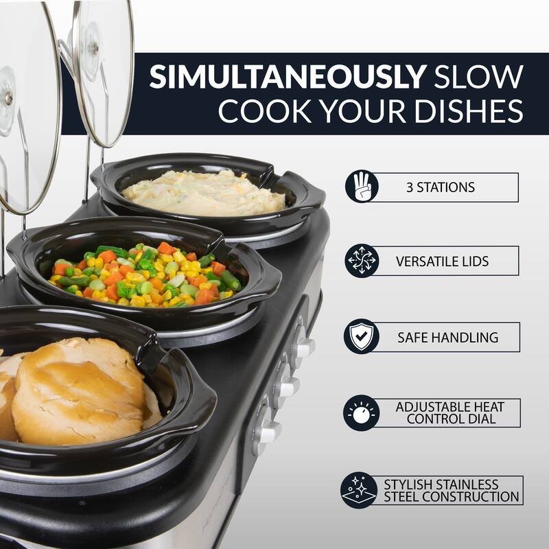 HomeCraft 3-Station 1.5-Quart Oval Slow Cooker Buffet, Stainless Steel