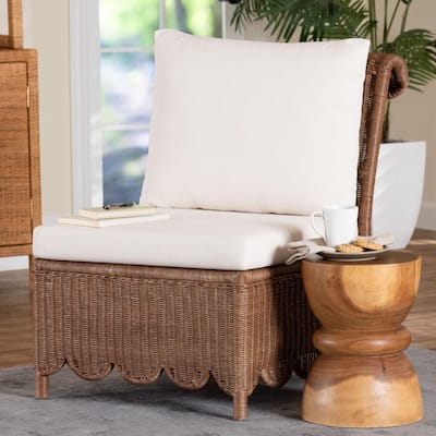 Detta Natural Rattan Accent Chair - Handwoven Wicker Lounge Chair with Rolled Back and Scalloped Skirt Base, Boho Coastal Style