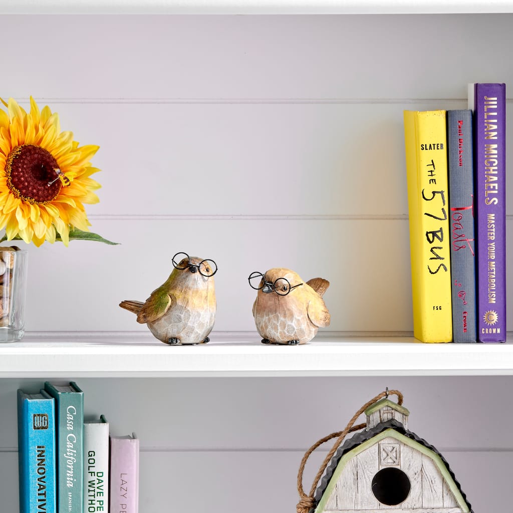 5" Resin Garden Bird With Glasses Set of 2