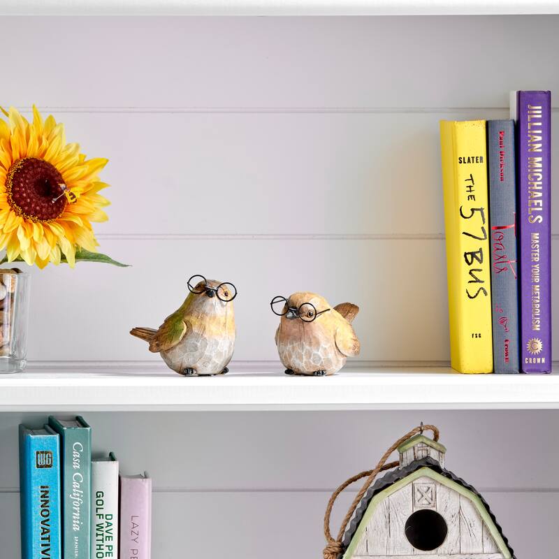 5" Resin Garden Bird With Glasses Set of 2