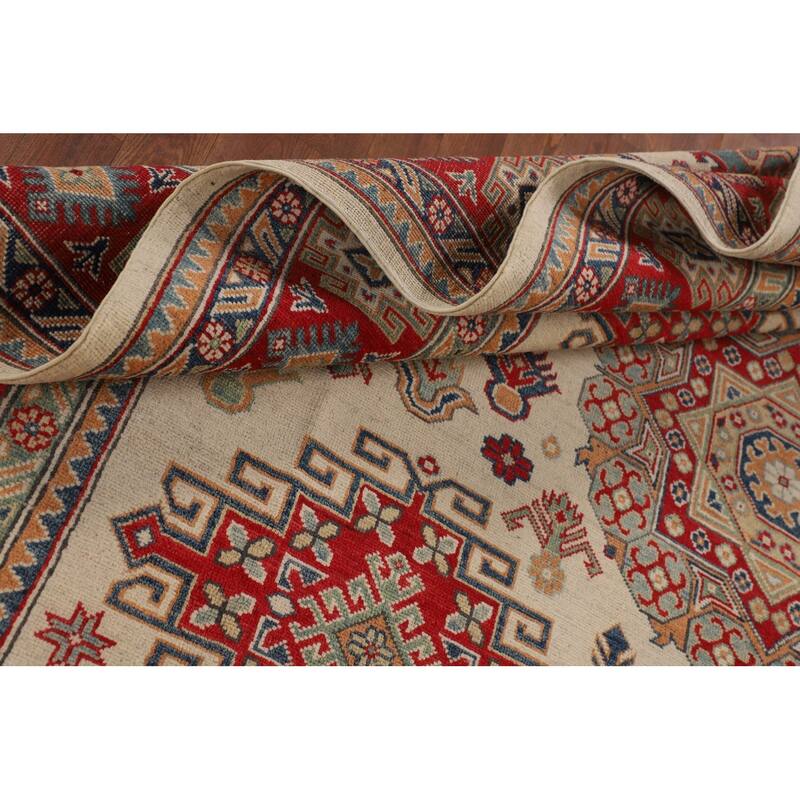 Ivory Geometric Kazak Oriental Area Rug Handmade Wool Carpet - 8'0" x 10'3"