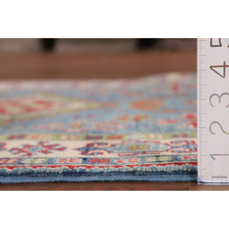 Light Blue Geometric Kazak Rug Hand-Knotted Wool Carpet - 3'3" x 4'11"