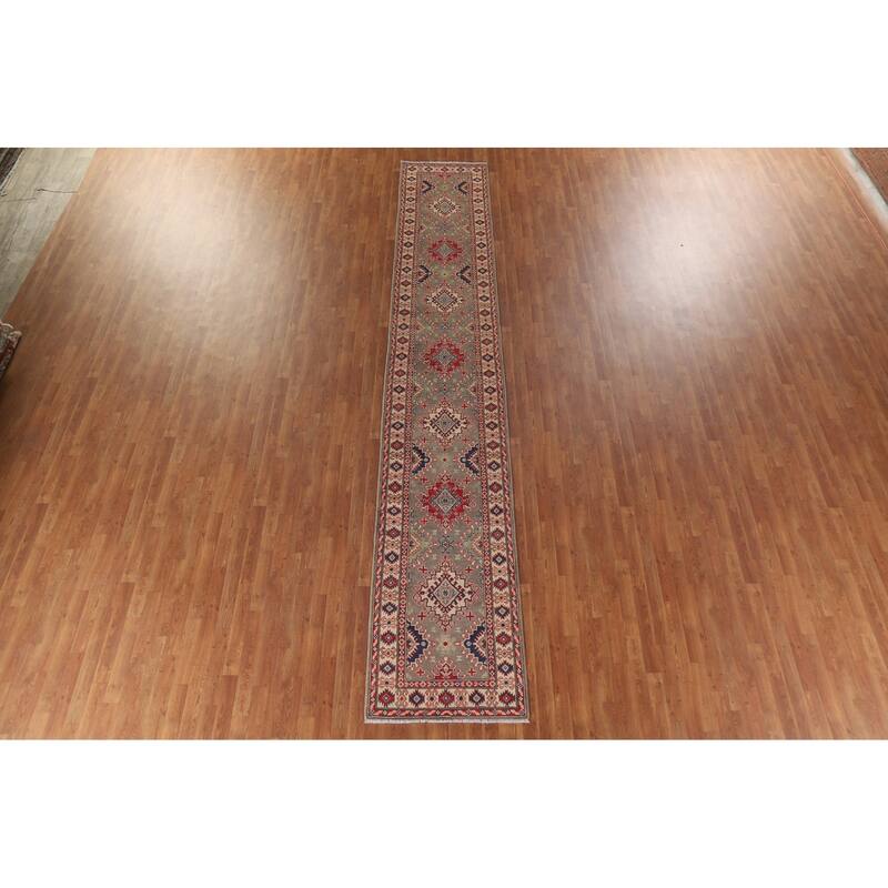 Hand Knotted Oriental 100% Wool Carpet Traditional Geometric Brown Kazak Runner Rug - 15' 11'' X 2' 8''