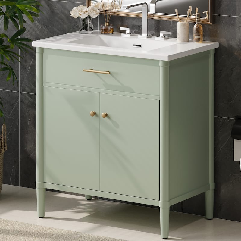 31 Inch Bathroom Vanity with Sink Soft Close Doors Adjustable Shelf Rubber Wood Legs, Curved Profile Design - Green