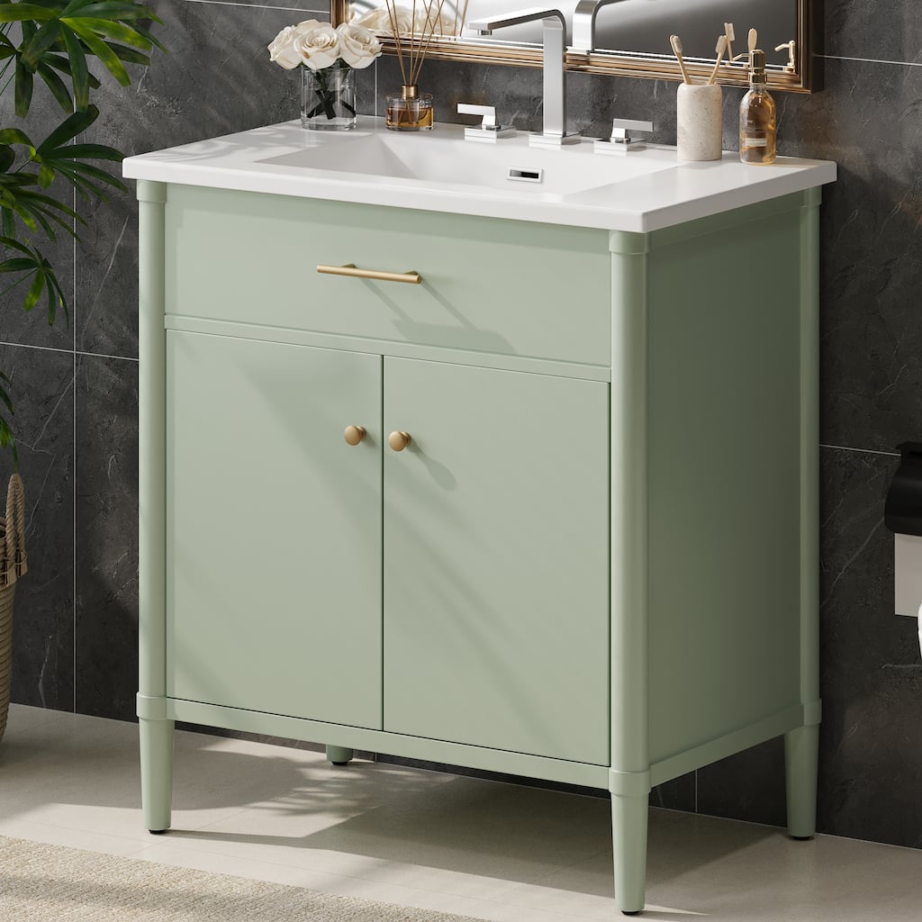 31 Inch Bathroom Vanity with Sink Soft Close Doors Adjustable Shelf Rubber Wood Legs, Curved Profile Design