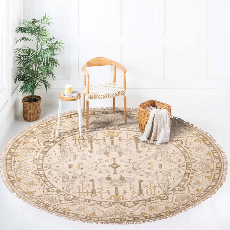 ECARPETGALLERY Hand-knotted Royal Oushak Ivory Wool Rug - 9'0 x 8'10