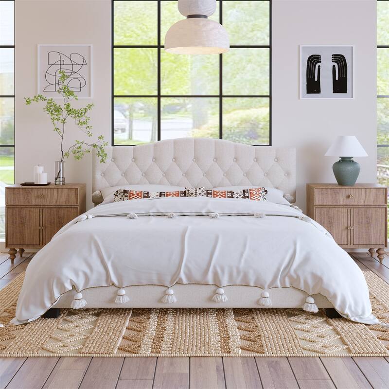 Beige Linen Upholstered Wood Platform Bed with Tufted Curved Headboard